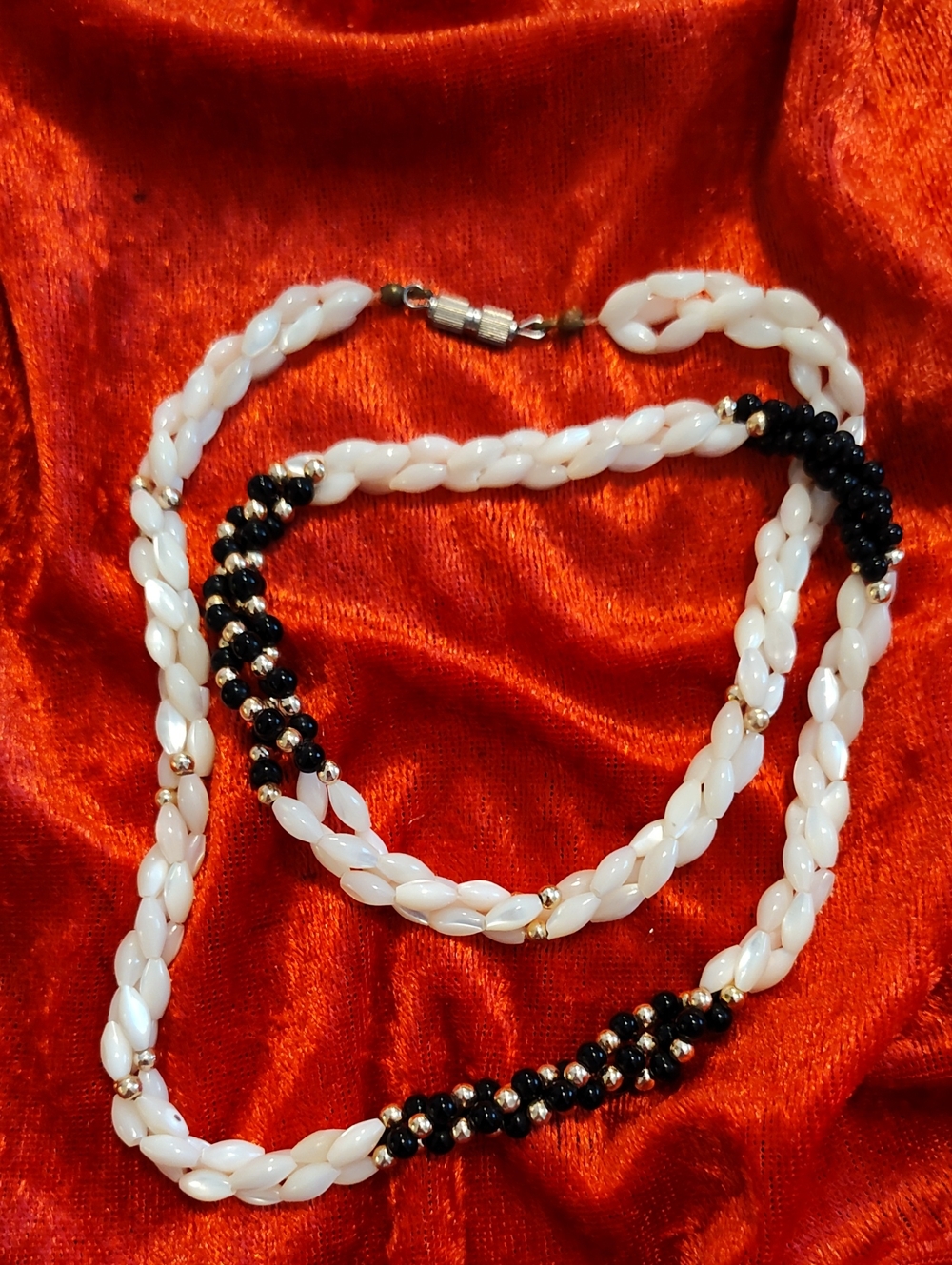 Vintage Necklace With Carved Mother Of Pearl, Gold Tone Spacer & Onyx Beads 22"